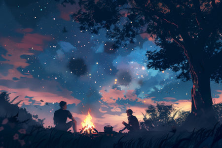 Father and teenager set campfire in forest under stars. Father's Day exploration and survival theme.の素材