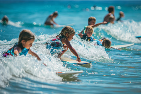 Kids learning to surf on gentle waves. Photo for banner, World Oceans Day promotion.の素材