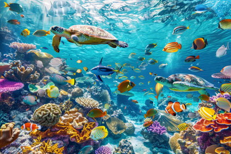 Vibrant underwater coral reef with marine life. Illustration for wallpaper, World Oceans Day.の素材