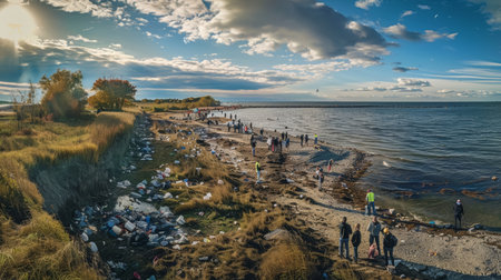 Volunteers collecting trash on shoreline during ocean cleanup event. Community conservation effort concept. Design for banner, invitation.の素材