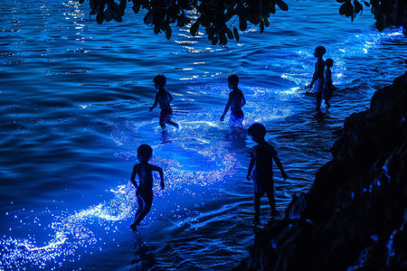 Silhouettes of children at play by bioluminescent shore. Night photography with marine bioluminescence. Environmental awareness and conservation concept. Design for poster, banner.の素材