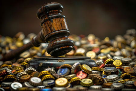 Close-up of a judge's gavel lying on many beer bottle caps.の素材