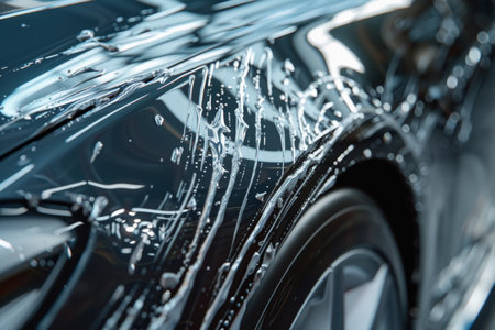 Close-up of a scratched car door. Detail vehicle damage photography. Auto repair and insurance concept for design and print.の素材