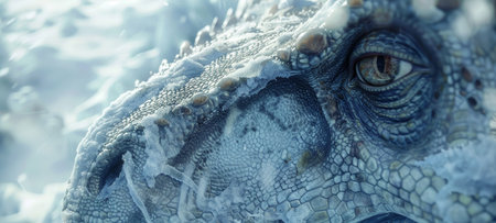 Close-up of Tyrannosaurus face encapsulated in ice, focused on the eye with an off-center composition.の素材