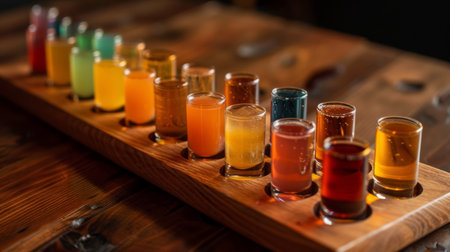Variety of colorful mini cocktail shots on a wooden tray. Ideal for concepts related to beverages, entertainment, and hospitality design.の素材
