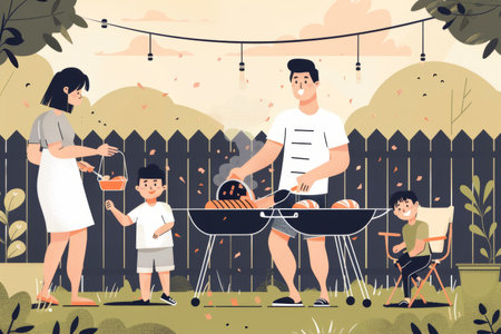 Father and children cooking barbecue in backyard. Simple illustration. Family outdoor activity concept. Design for invitations, banners, social media.の素材