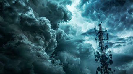 Radio tower silhouette against a tumultuous cloud-filled sky.の素材