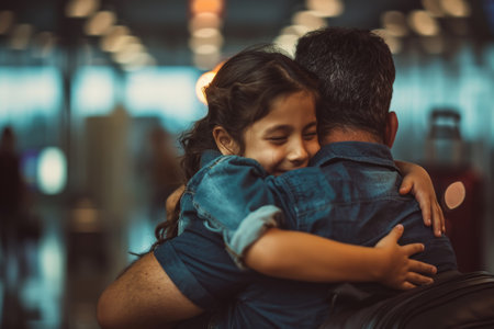 Father hugging daughter at airport goodbye, Hispanic, emotional scene, travel context. Image for poster and invitation.の素材