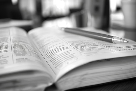 Close-up of comprehensive employee handbook open on desk, showing sections on equal employment opportunity and benefits.の素材