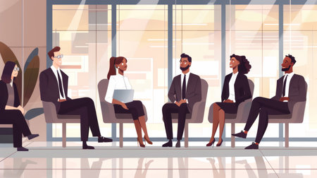 Office interview scene with diverse executive panel and candidates, structured, competitive recruiting. Mockup for design.の素材