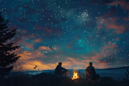 Father and teenager set campfire in forest under stars. Father's Day exploration and survival theme.の素材