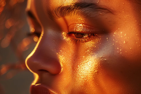 Close-up of clear skin and detailed eye under warm light, perfect for makeup and skincare design. Studio portrait for design and print.の素材