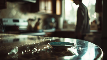 Tense kitchen scene with broken dish on counter and blurry figure in background, depicting aftermath of domestic violence.の素材