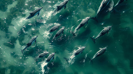 Aerial view of dolphin pod swimming near coast, coastline background, World Oceans Day celebration. Photo for banner design.の素材