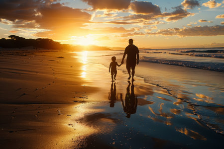 Silhouette of a father holding child's hand at sunset on the beach. Sunset photography with shadows on the sand. Father's Day concept. Design for card.の素材