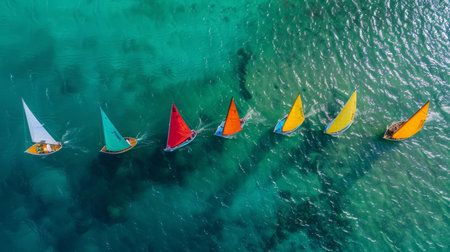 Aerial view of small boats in an eco-friendly regatta, colorful sails reflecting sustainable practices. Nautical event for World Oceans Day.の素材