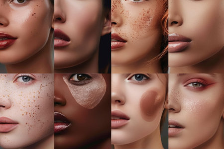 Collage of diverse women's faces with natural makeup. Close-up studio beauty portrait. Cosmetics and diversity concept. Design for beauty ads, banner, makeup tutorial.の素材