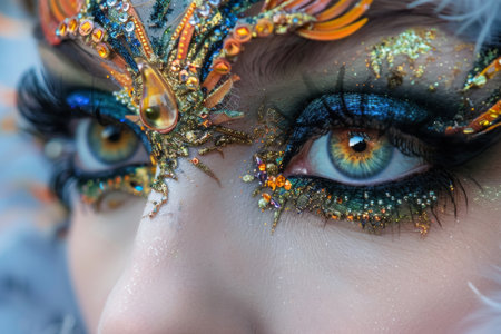 Detailed close-up of eyes with glittery makeup, vibrant artistic expression for festive occasions. Macro shot for design and print.の素材