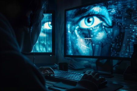 Eyes on a computer screen with digital binary code. Depicts themes of surveillance and cyber security. Ideal for poster, banner, and tech event promotional design.の素材