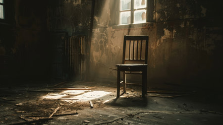 Abandoned room with scattered debris and a solitary armchair bathed in light from a grimy window. Silent narrative concept.の素材