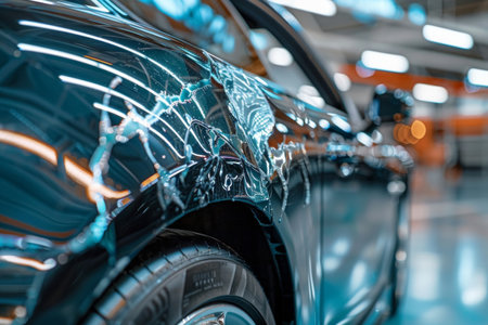 Close-up of a scratched car door. Detail vehicle damage photography. Auto repair and insurance concept for design and print.の素材