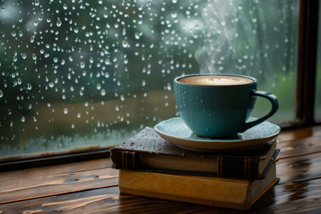 Steaming cup on books with rainy window background. Perfect indoor day concept with warm drink and reading material.の素材