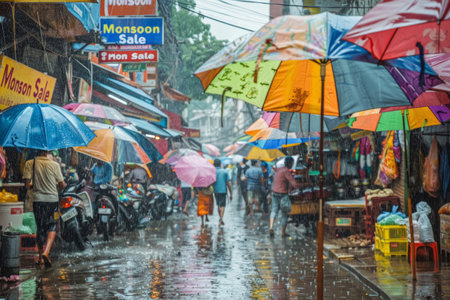 Busy street market with people holding umbrellas in rain. Urban photography with "Monsoon Sale" banners. Rainy day shopping scene.の素材