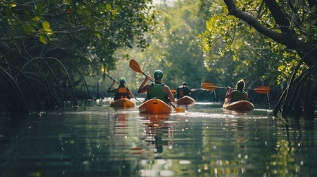 Group kayaking in a mangrove ecosystem. Nature adventure photography with tree reflections. Eco-tourism and outdoor sports concept. Design for banner, postcard, invitation.の素材