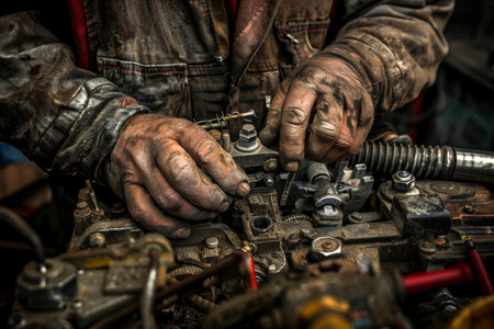 Detailed close-up of mechanic's hands repairing machine engine. Technical expertise.の素材