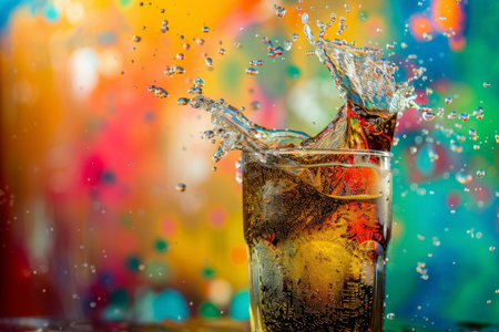 Burst of soda fizzing over glass rim. Dynamic liquid photography with colorful background. Refreshment and summer concept.の素材