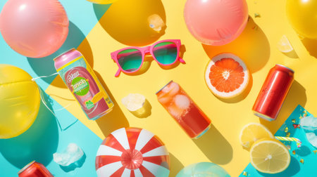 Bright summer setup with drinks and beach accessories. Vibrant leisure scene for party and vacation vibes on a sunny day.の素材