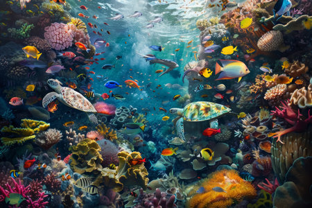 Colorful coral reef with diverse marine life. Underwater scene. World Oceans Day celebration. Poster design.の素材