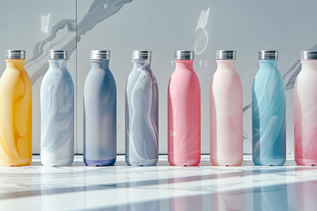 Pastel swirled reusable bottles on reflective background. Contemporary product display with copy space. Modern design and eco-friendly concept.の素材