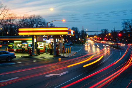 City gas station at dusk with dynamic street lights. Evening urban scene.の素材