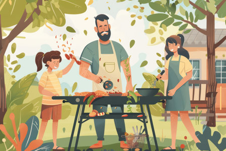 Father and children cooking barbecue in backyard. Simple illustration. Family outdoor activity concept. Design for invitations, banners, social media.の素材