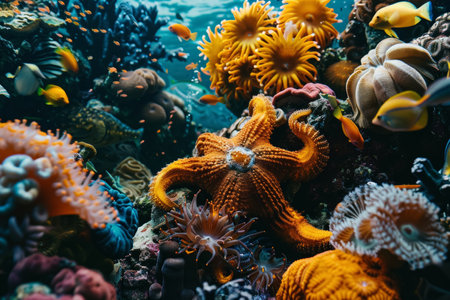 Close-up of diverse marine life around a thriving coral reef highlighting vibrant colors and textures, biodiversity concept.の素材