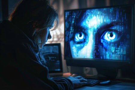 Eyes on a computer screen with digital binary code. Depicts themes of surveillance and cyber security. Ideal for poster, banner, and tech event promotional design.の素材