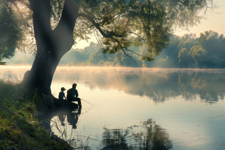 Father and child fishing by a tranquil lake at dawn. Serene landscape photography with soft light. Family bonding and nature appreciation concept. Design for greeting card, postcard.の素材