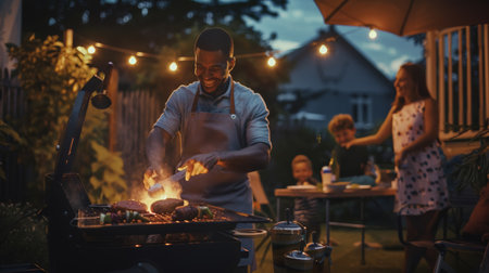 Father grilling at backyard barbecue with family. Joyful gathering under string lights at dusk. Intimate and fun outdoor dining concept.の素材