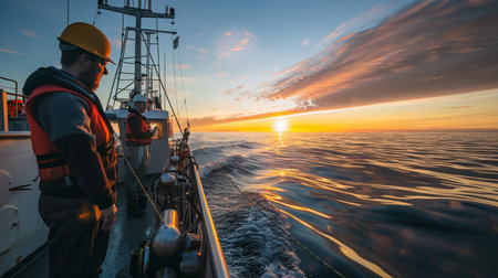 Scientists on a boat deploying tools for ocean study. Environmental research photography with sunset. Conservation and science concept. Design for banner, poster, header.の素材