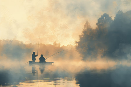 Elderly father and adult son fishing on a lake at dawn. Digital painting with mist and serene ambiance. Father's Day bonding and tranquility concept. Design for greeting card, poster, banner.の素材