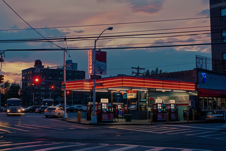 City gas station at dusk with dynamic street lights. Evening urban scene.の素材