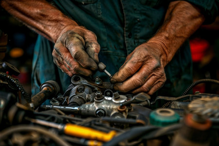 Detailed close-up of mechanic's hands repairing machine engine. Technical expertise.の素材