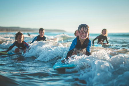 Kids learning to surf on gentle waves. Photo for banner, World Oceans Day promotion.の素材