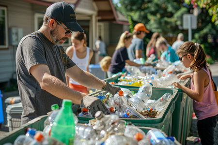 Local community participating in recycling initiative. Environmental conservation effort.の素材