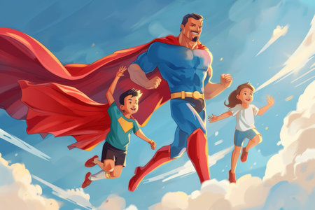 Cartoon superhero dad and kids with flying capes. Poster design, vibrant and playful.の素材