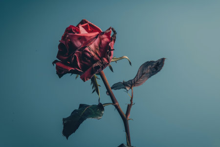 A wilted red rose against a blue backdrop, symbolizing love's decline. A stark depiction of relationship challenges. Suitable for posters, articles, and awareness campaigns.の素材