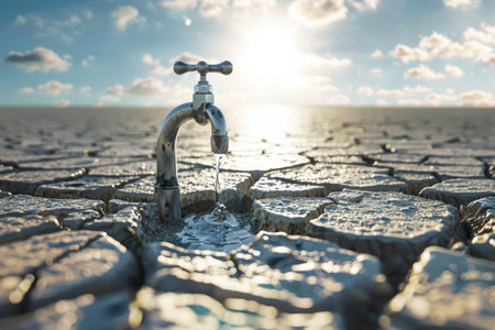 Water tap in cracked earth with sunset background. Environmental water scarcity and drought concept. Design for posters, banners, awareness campaigns.の素材