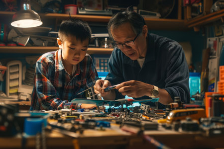 Indoor scene of father and son building model airplane on cluttered table with tools and parts, father explaining steps.の素材