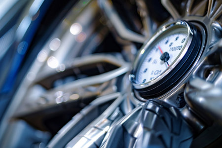 Close-up of motorcycle tire pressure gauge. Automotive detail photography with shallow depth of field. Vehicle maintenance and safety concept for design and print.の素材
